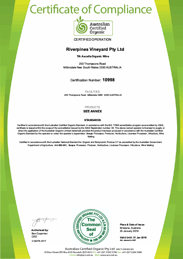 Ascella Organic Wine - ACO Certification